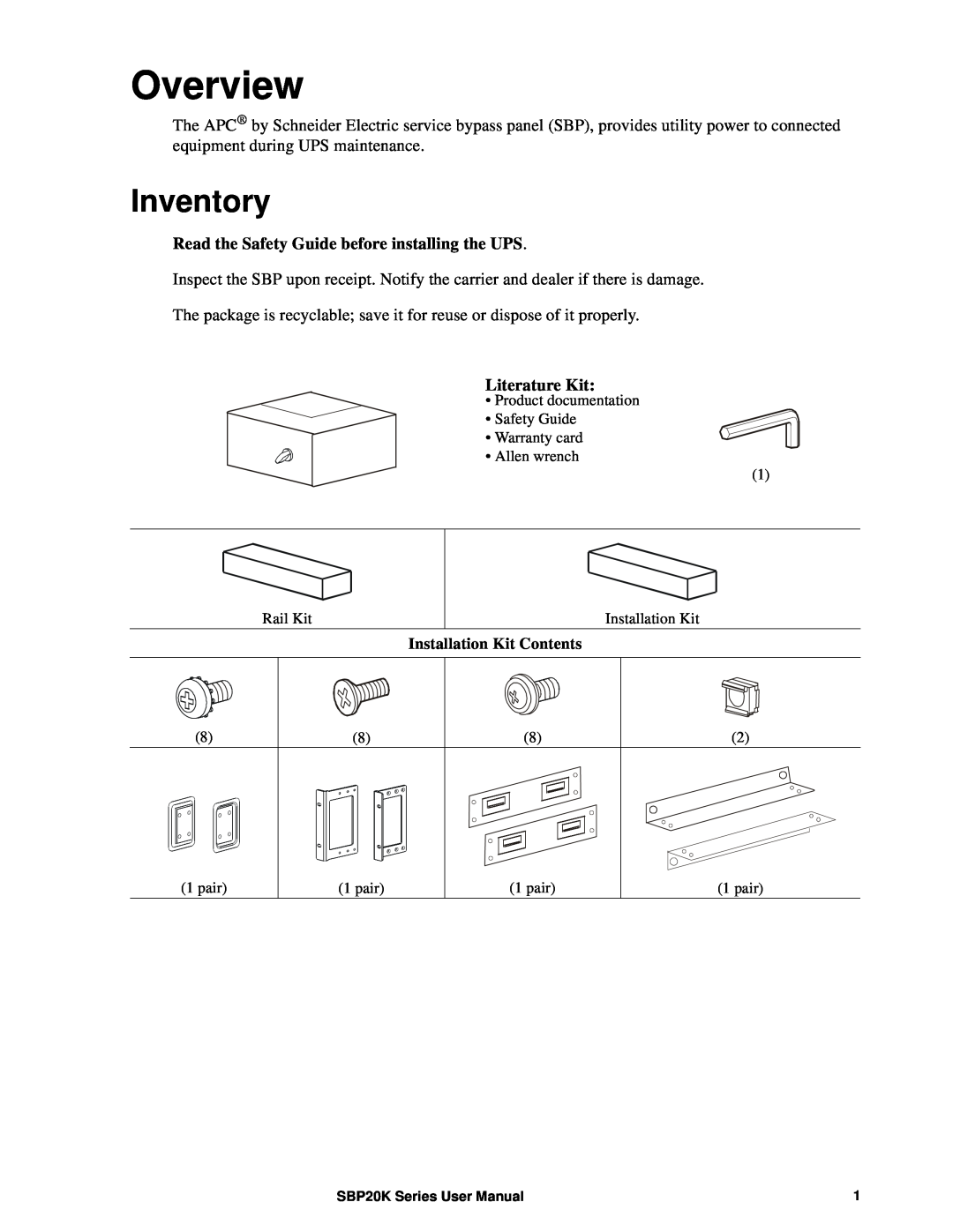 APC SBP20KRMT4U, SBP20KRMI4U, suo0707a, SBP20KP manual Overview, Inventory 