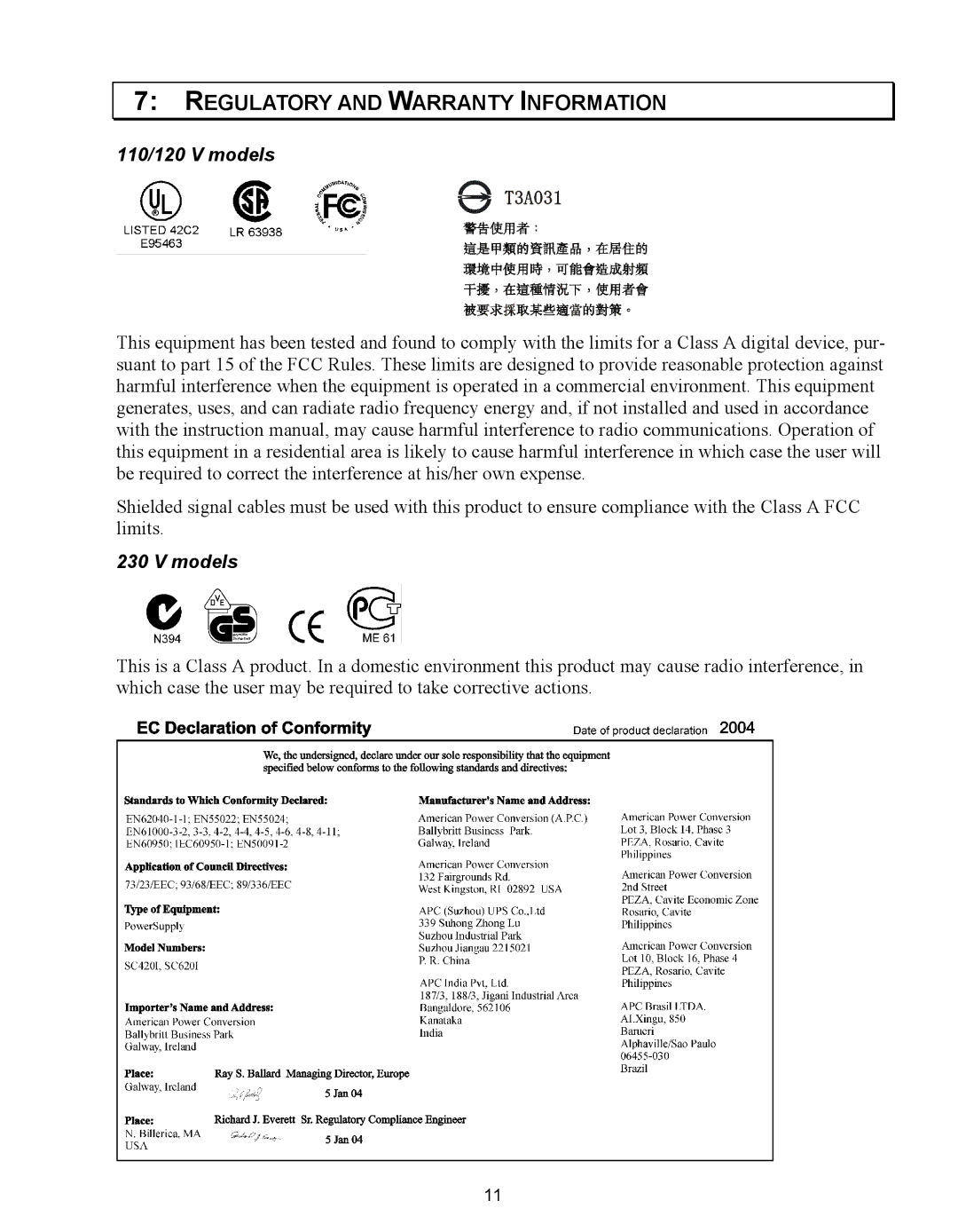 APC 620 VA, SC620, 420 VA, 110 VAC user manual Regulatory and Warranty Information, 110/120 V models, Models 