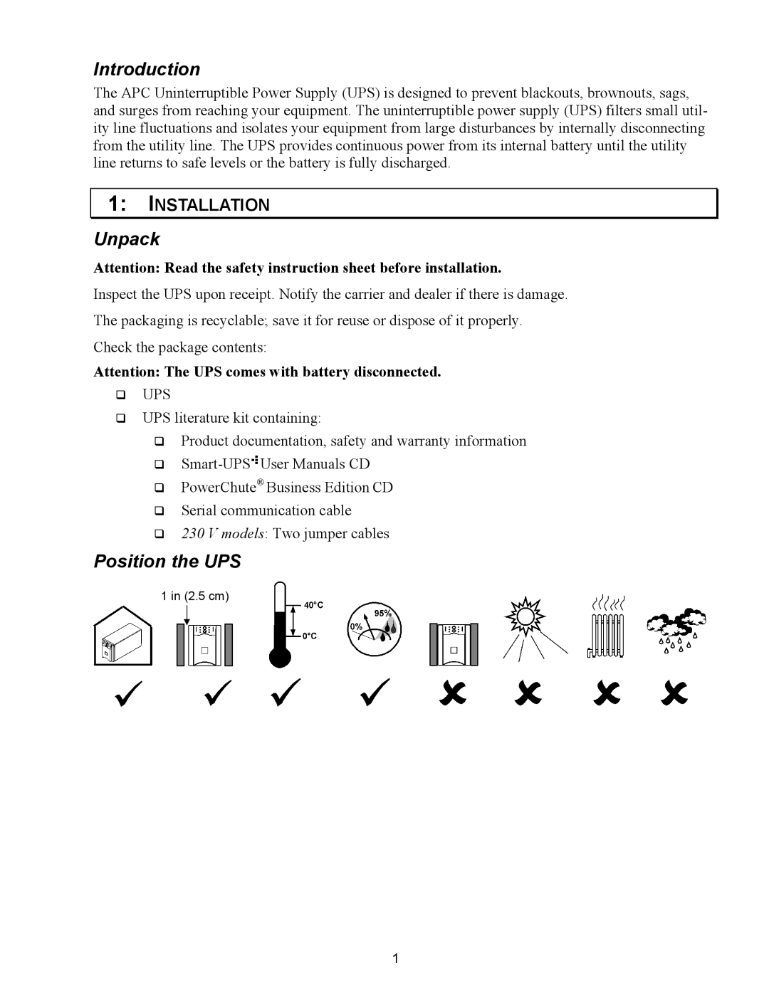 APC 110 VAC, SC620, 620 VA, 420 VA user manual Introduction, Unpack, Position the UPS, Installation 