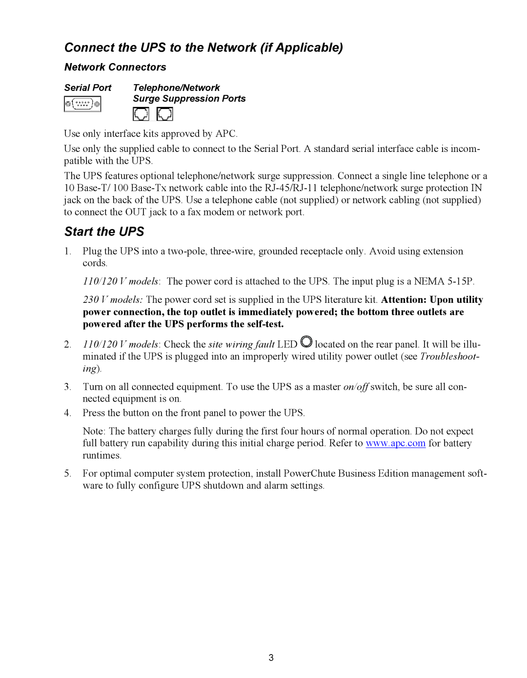 APC 620 VA, SC620, 420 VA, 110 VAC user manual Connect the UPS to the Network if Applicable, Start the UPS, Network Connectors 