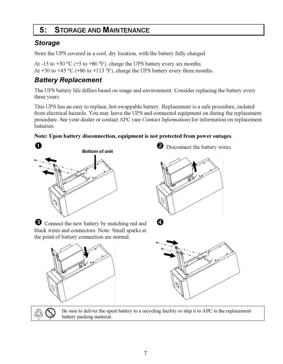 APC 620 VA, SC620, 420 VA, 110 VAC user manual Battery Replacement, Storage and Maintenance 