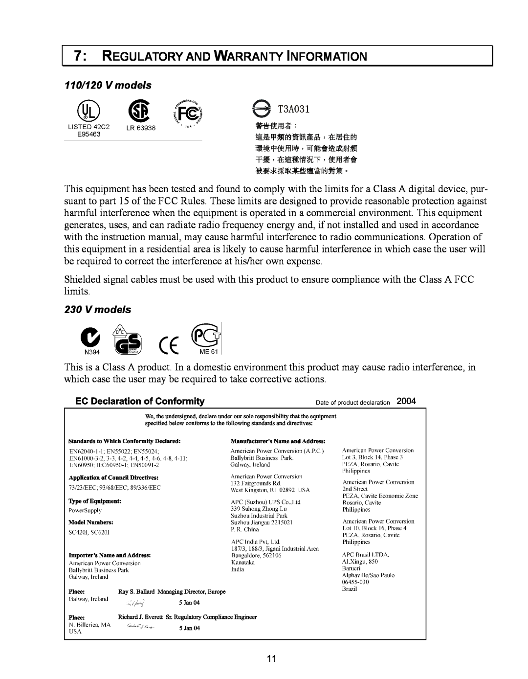 APC 620 VA, SC620, 420 VA, 110 VAC user manual Regulatory And Warranty Information, 110/120 V models 