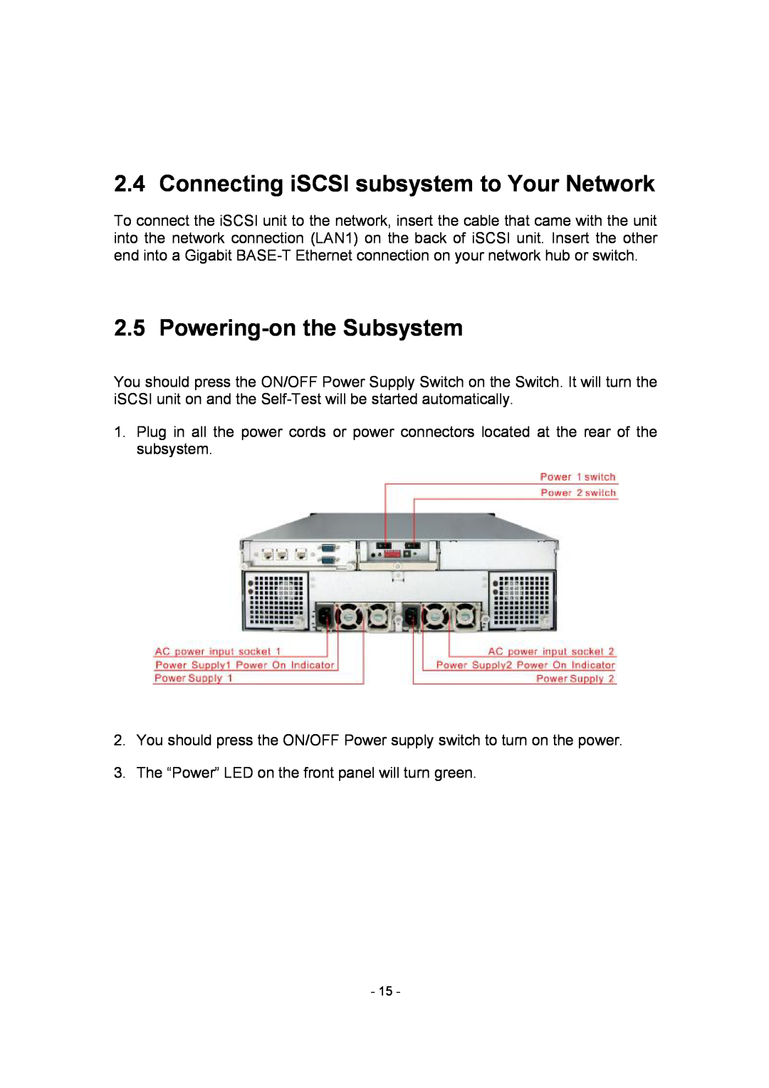 APC SCSI-SATA II manual Connecting iSCSI subsystem to Your Network, Powering-on the Subsystem 