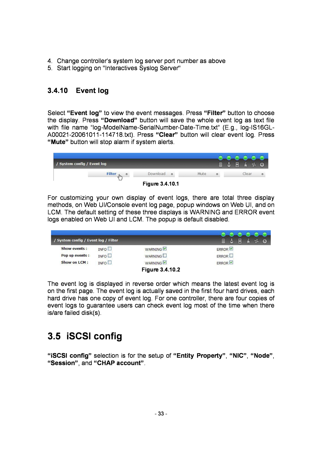 APC SCSI-SATA II manual iSCSI config, Event log 