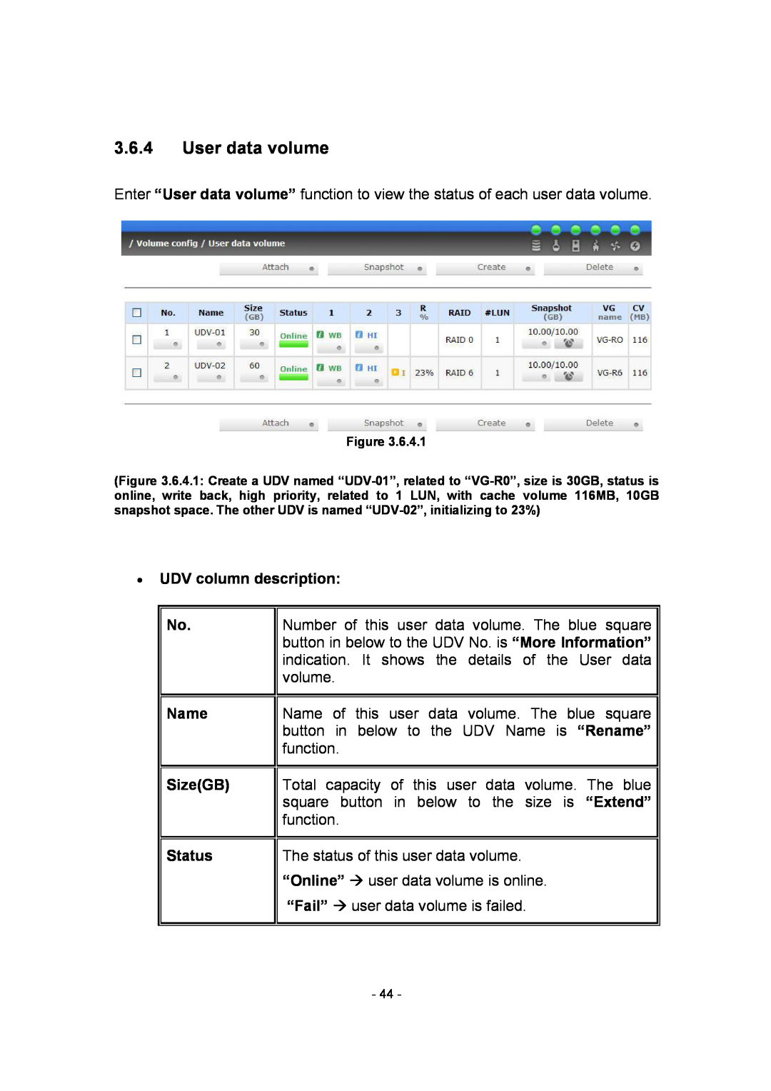 APC SCSI-SATA II manual User data volume, ∙ UDV column description, No Name SizeGB Status 