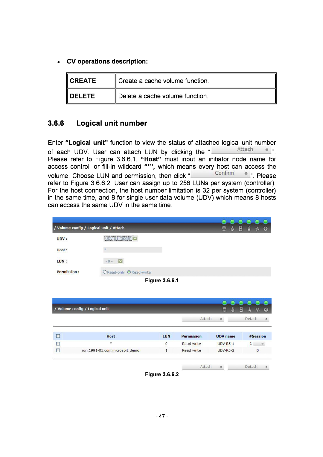 APC SCSI-SATA II manual Logical unit number, ∙ CV operations description, Create, Delete 