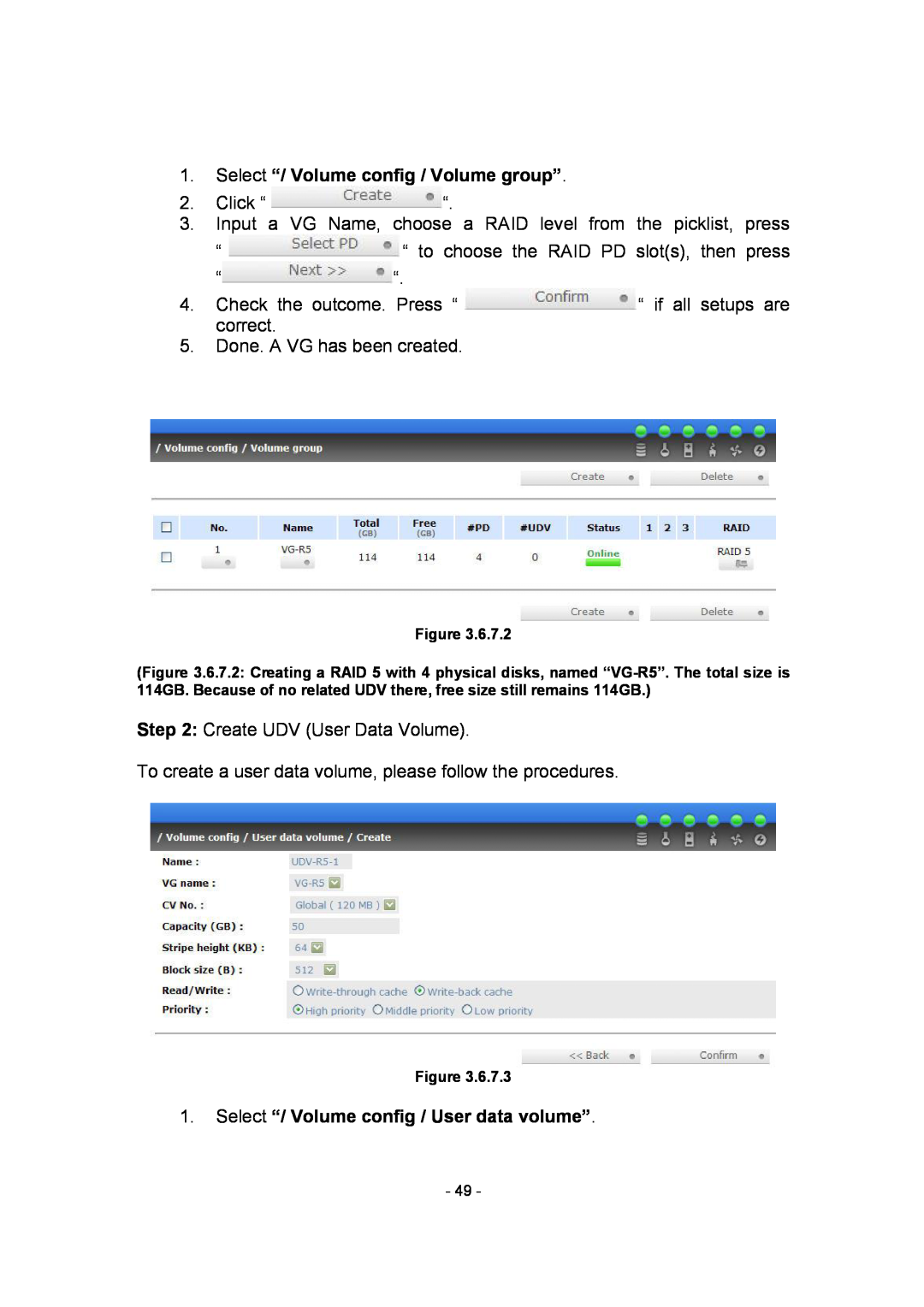 APC SCSI-SATA II manual Select “/ Volume config / Volume group”, Select “/ Volume config / User data volume” 