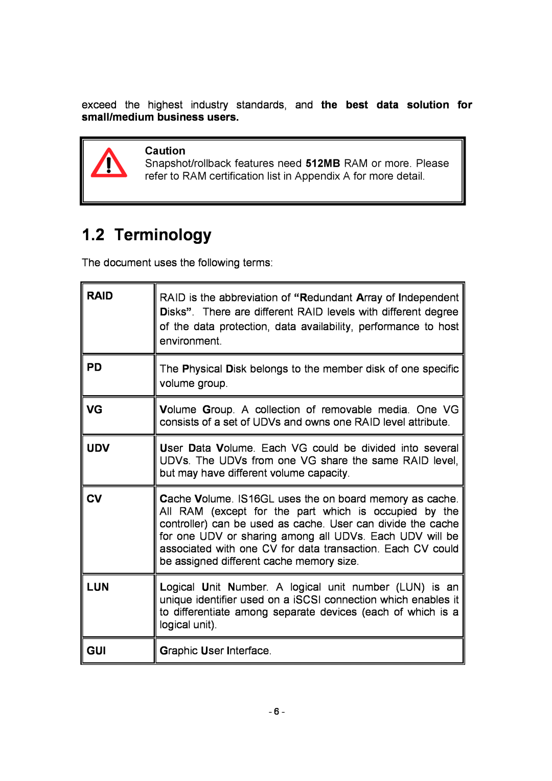 APC SCSI-SATA II manual Terminology, Raid Pd Vg Udv Cv Lun Gui 