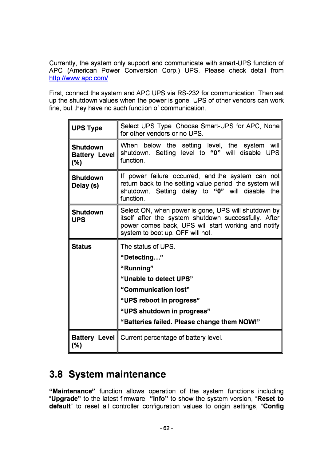 APC SCSI-SATA II manual System maintenance, UPS Type Shutdown Battery Level, Shutdown Delay s, Shutdown UPS, Status 