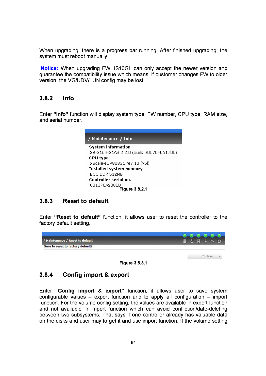 APC SCSI-SATA II manual Info, Reset to default, Config import & export 