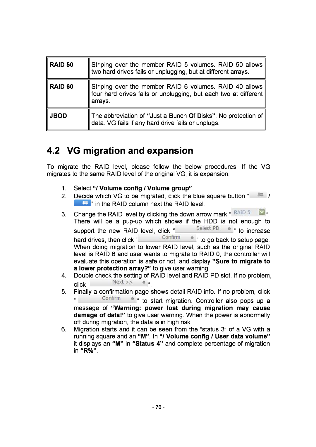 APC SCSI-SATA II manual VG migration and expansion, Raid Raid Jbod, Select “/ Volume config / Volume group” 