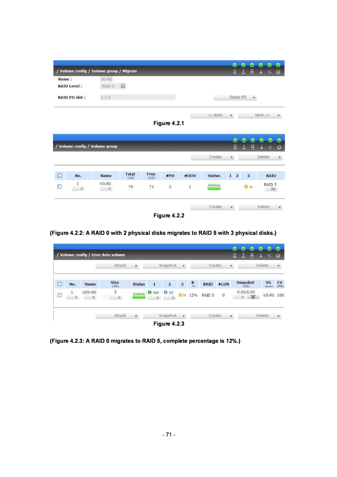 APC SCSI-SATA II manual 2.3 A RAID 0 migrates to RAID 5, complete percentage is 12% 