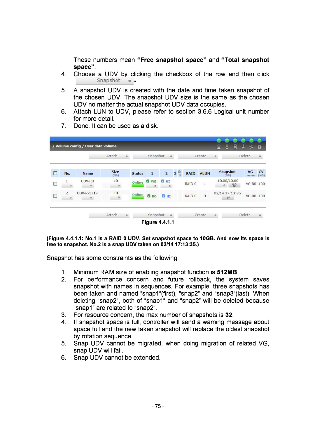 APC SCSI-SATA II manual These numbers mean “Free snapshot space” and “Total snapshot space” 