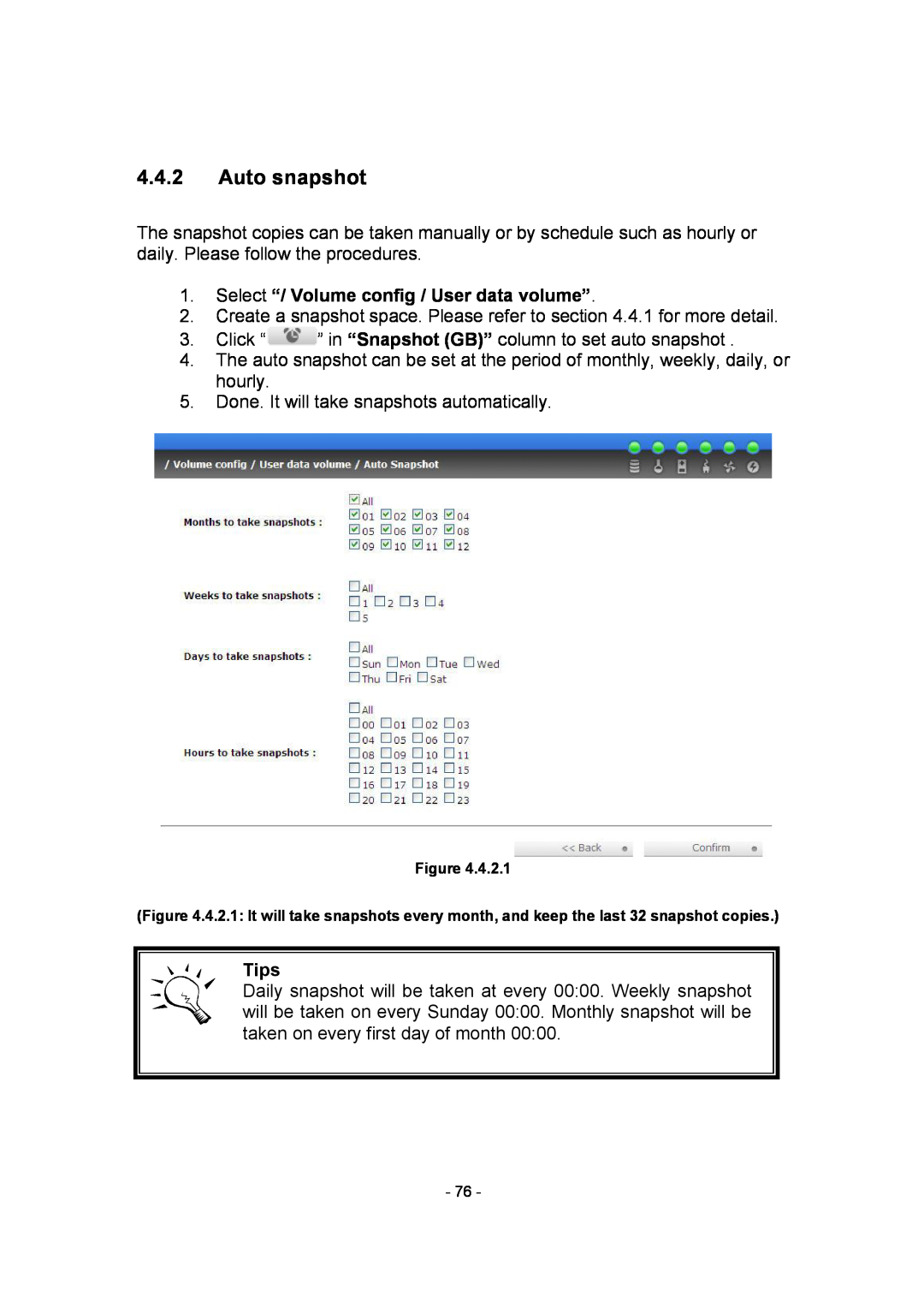 APC SCSI-SATA II manual Auto snapshot, Select “/ Volume config / User data volume”, Tips 