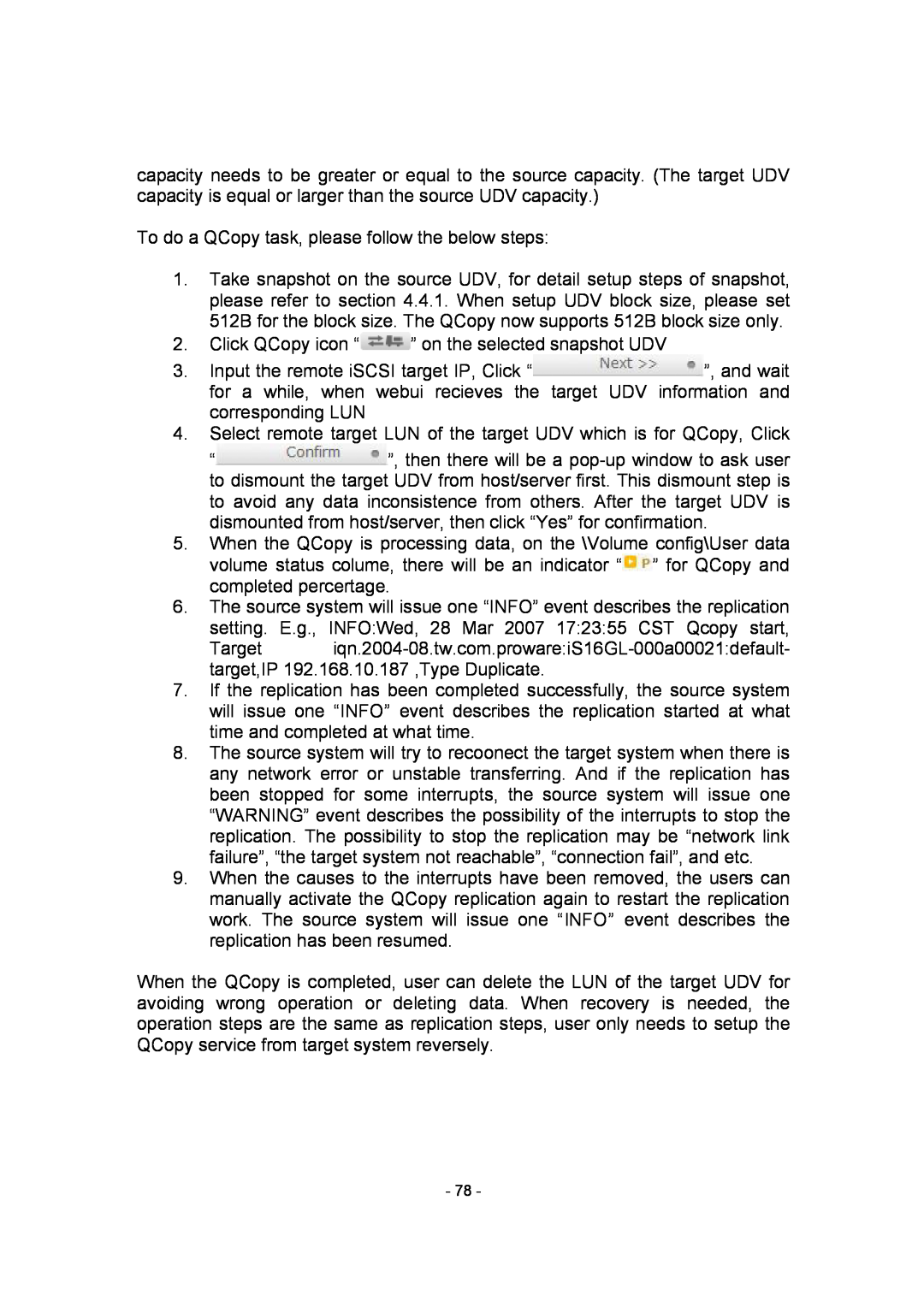 APC SCSI-SATA II manual To do a QCopy task, please follow the below steps, Click QCopy icon “” on the selected snapshot UDV 