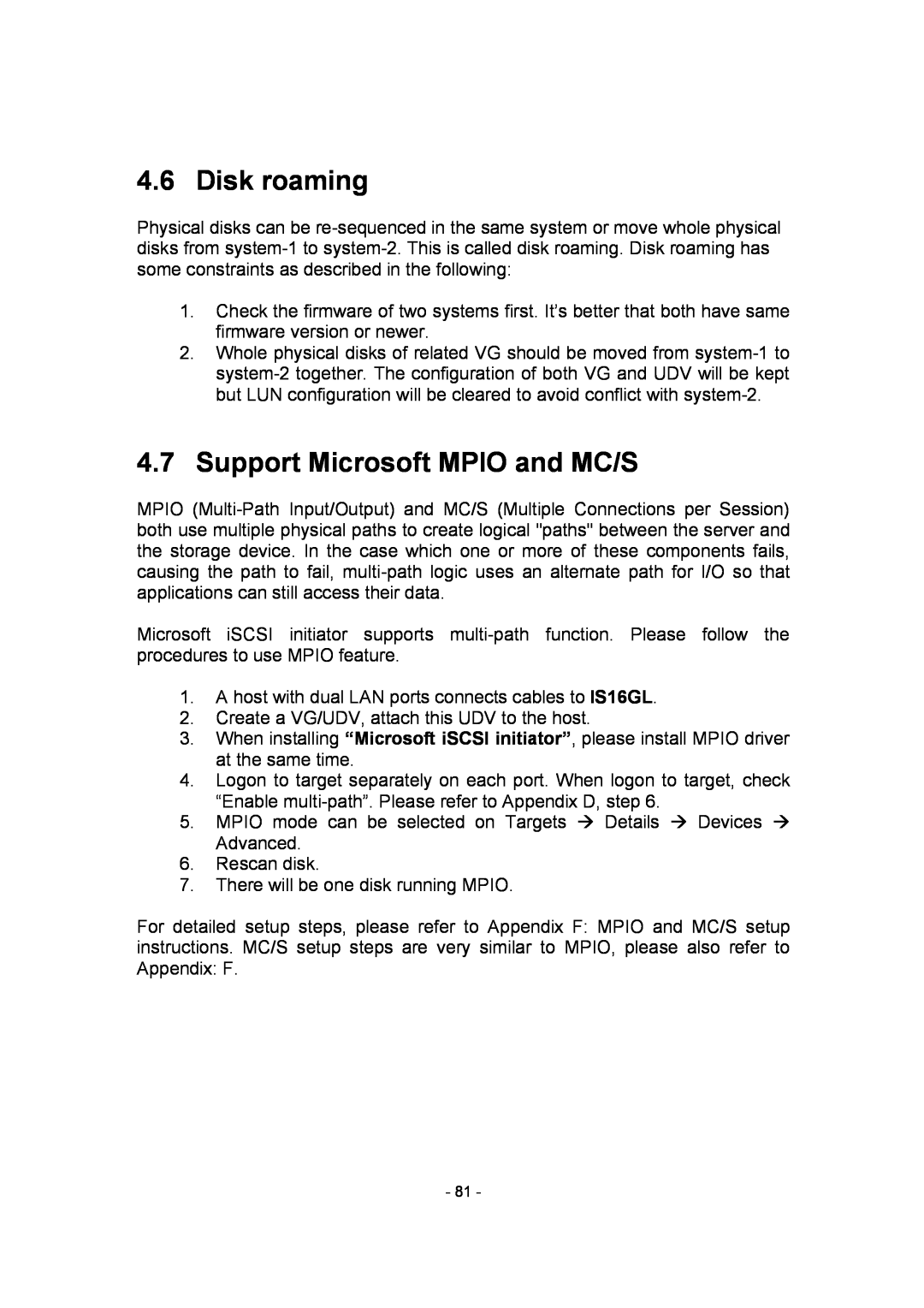 APC SCSI-SATA II manual Disk roaming, Support Microsoft MPIO and MC/S 
