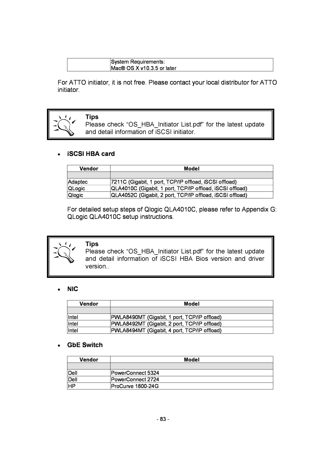 APC SCSI-SATA II manual Tips, ∙ iSCSI HBA card, ∙ Nic, ∙ GbE Switch 