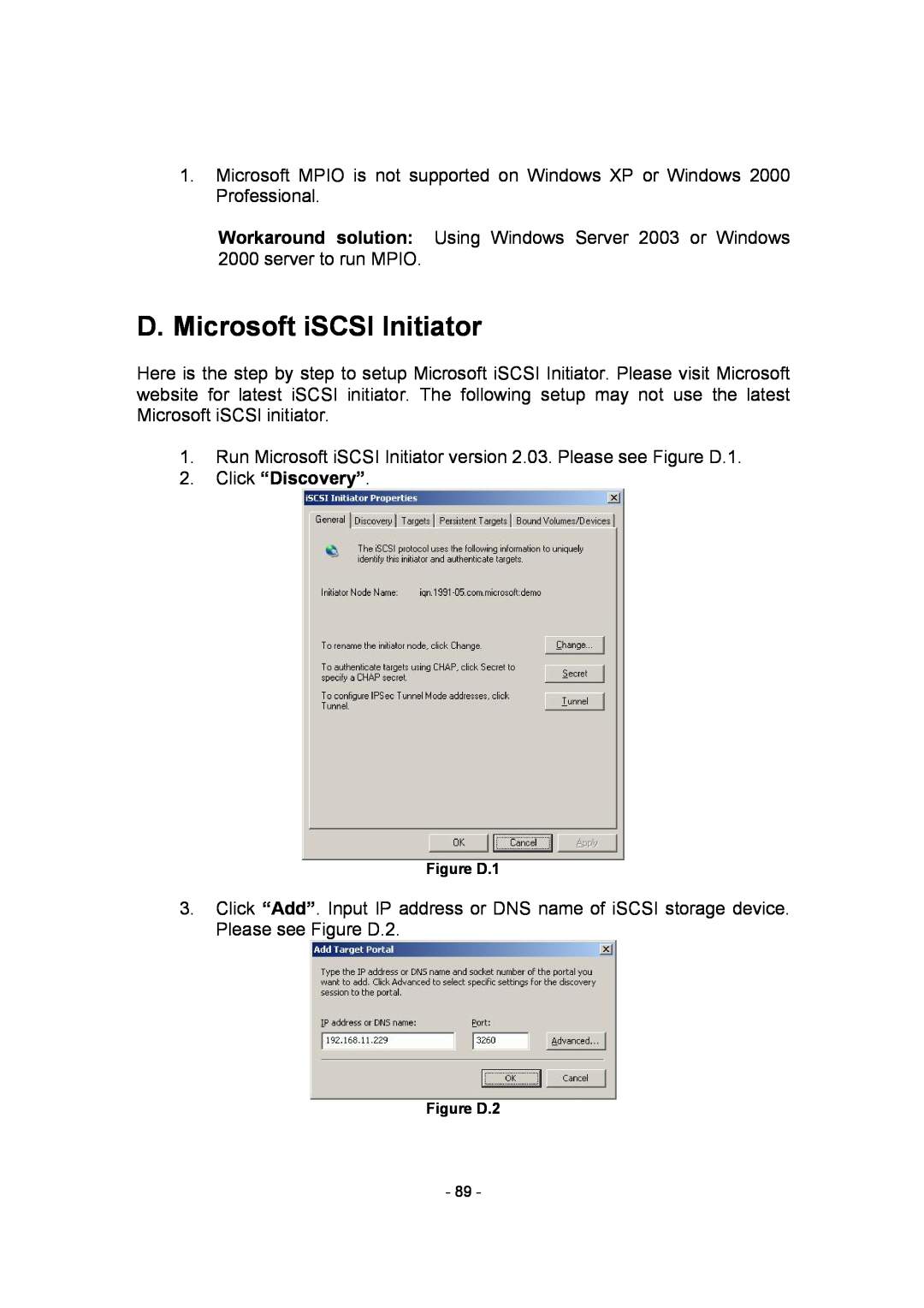 APC SCSI-SATA II manual D. Microsoft iSCSI Initiator, Click “Discovery” 