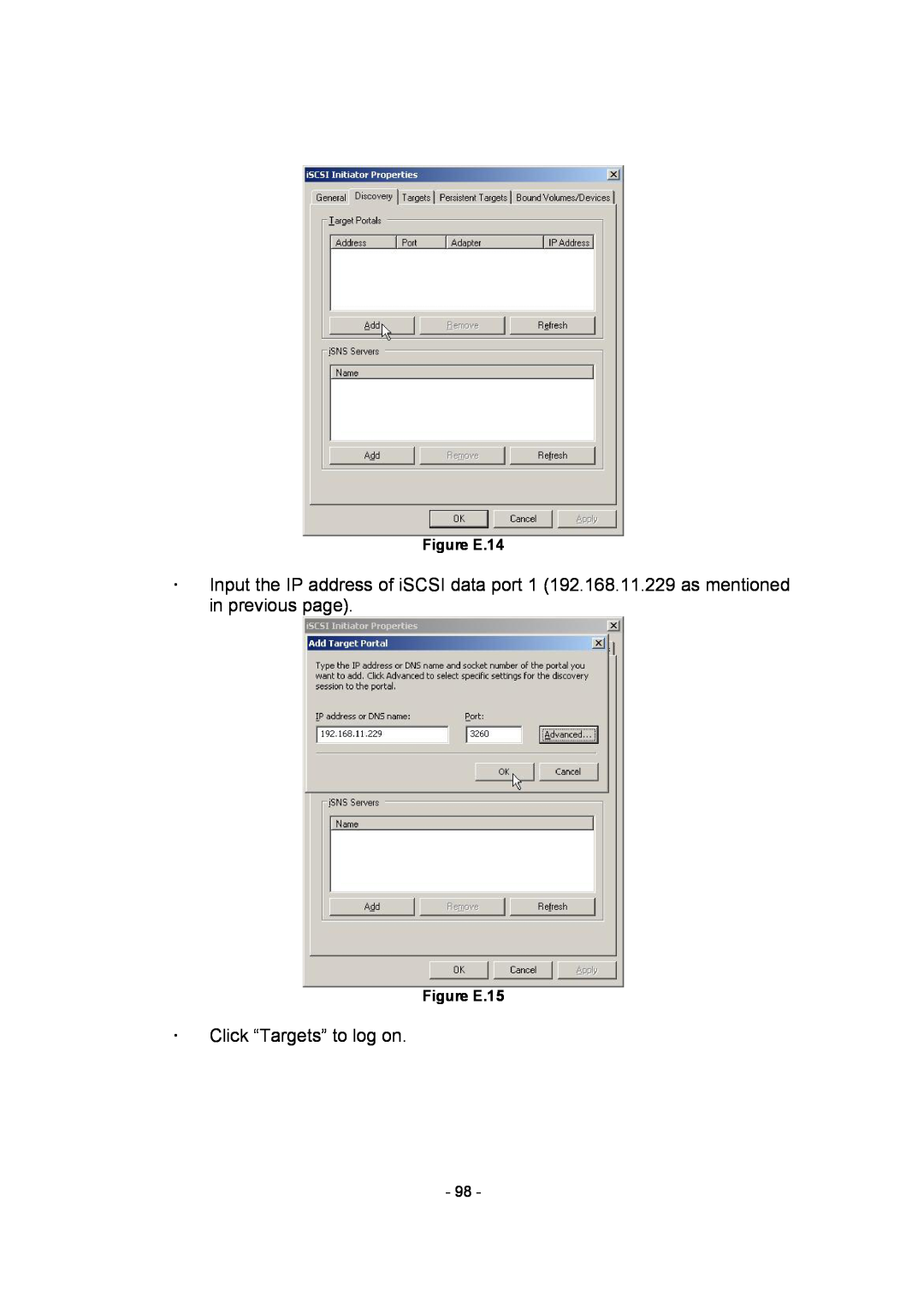 APC SCSI-SATA II manual ž Click “Targets” to log on, Figure E.14, Figure E.15 