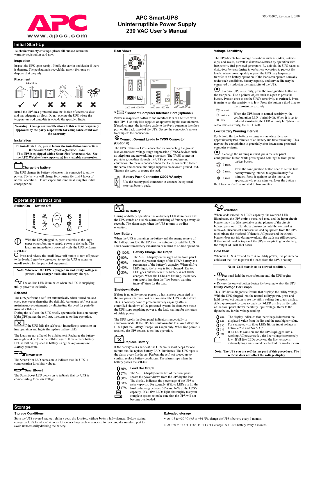 APC Smart-UPS 1000, Smart-UPS 2200, Smart-UPS 1400 operating instructions Initial Start-Up, Operating Instructions, Storage 