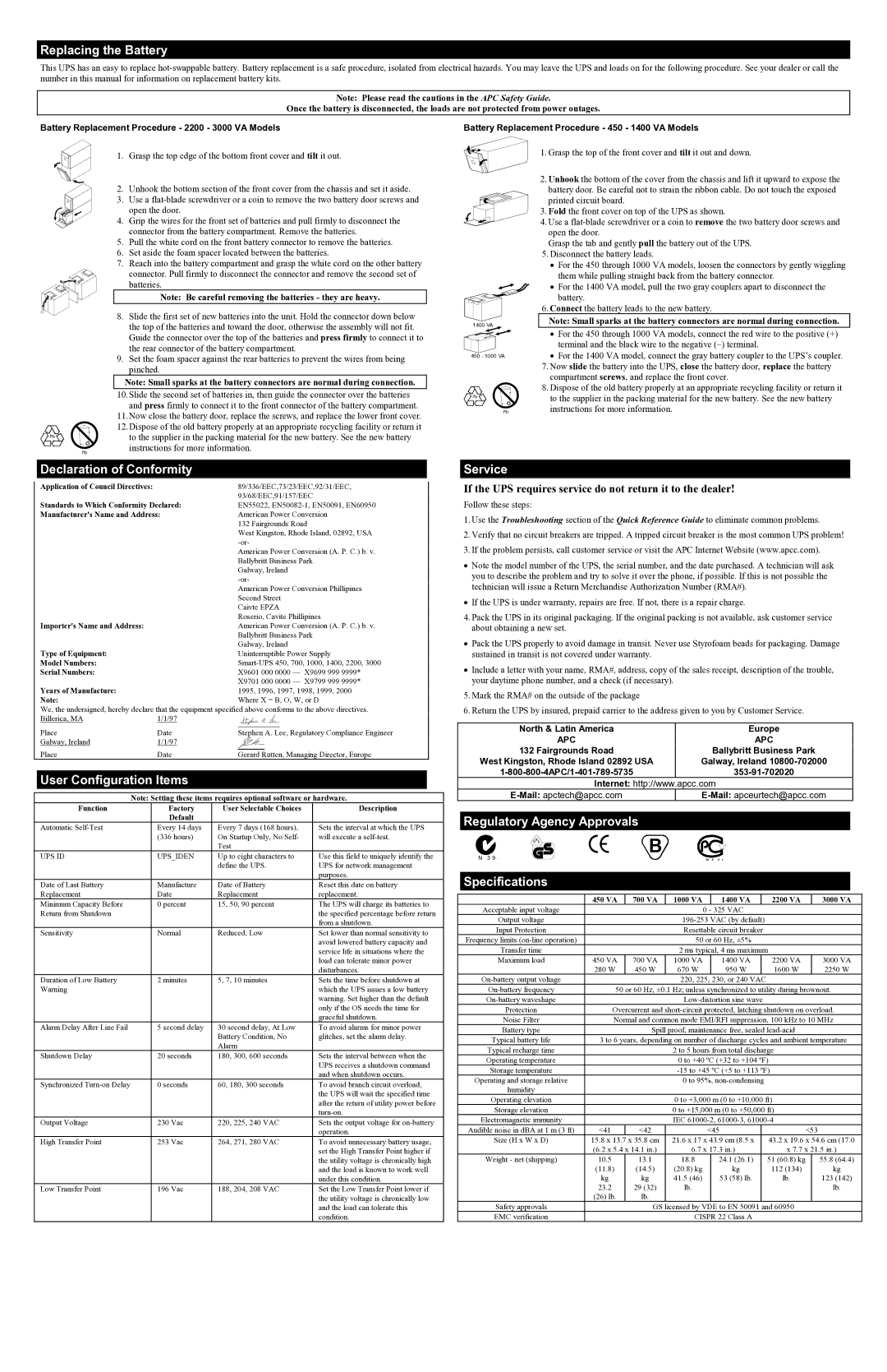 APC Smart-UPS 1400 Replacing the Battery, Declaration of Conformity, User Configuration Items, Service, Specifications 