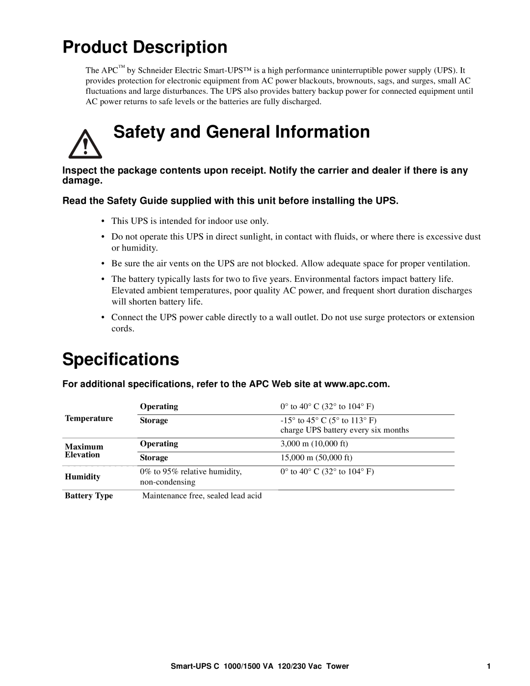 APC SMC1000, SMC1500 operation manual Product Description, Safety and General Information, Specifications 