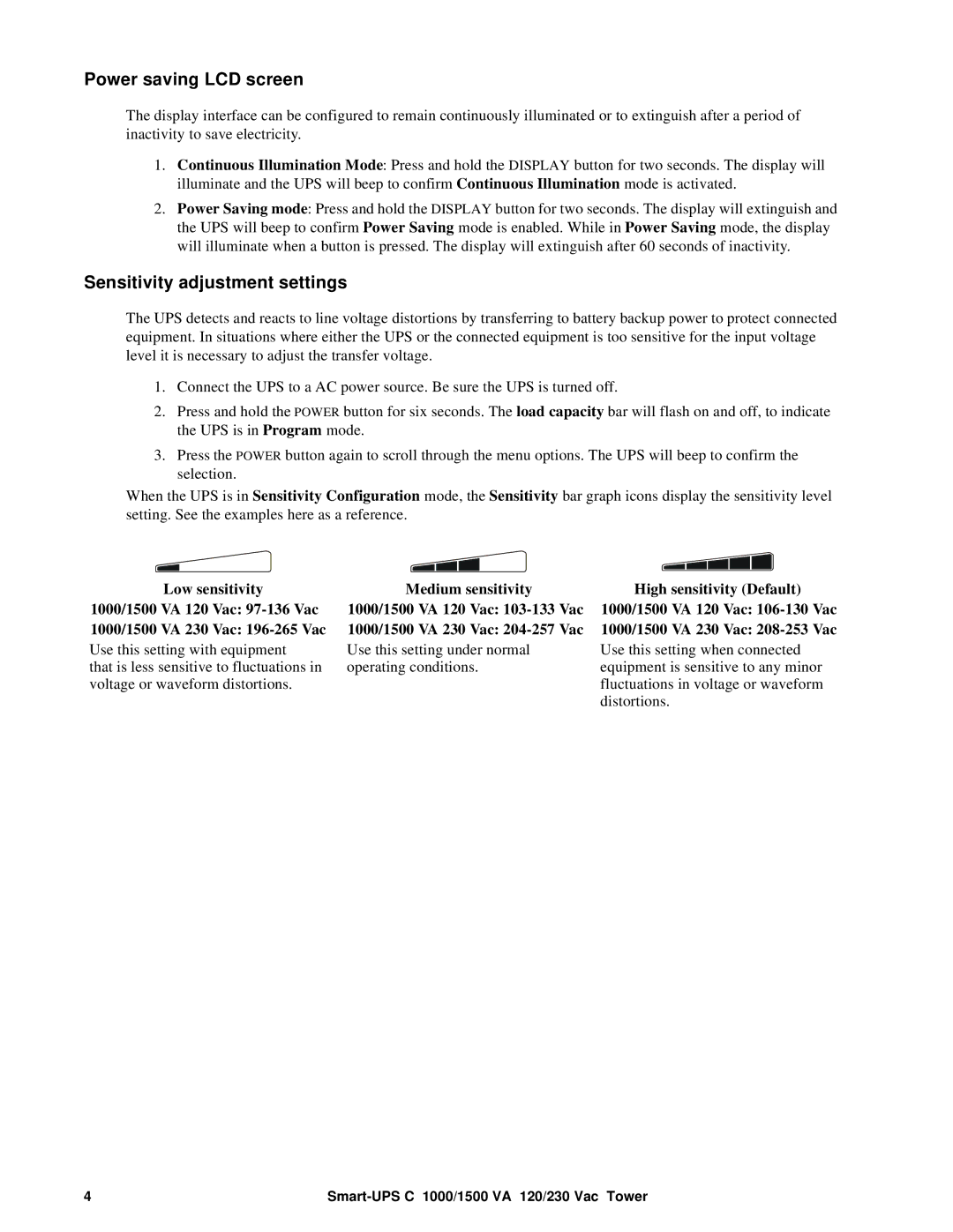 APC SMC1500, SMC1000 operation manual Power saving LCD screen, Sensitivity adjustment settings 