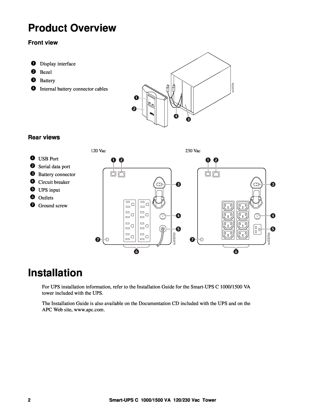 APC SMC1500, SMC1000 operation manual Product Overview, Installation, Front view, Rear views 