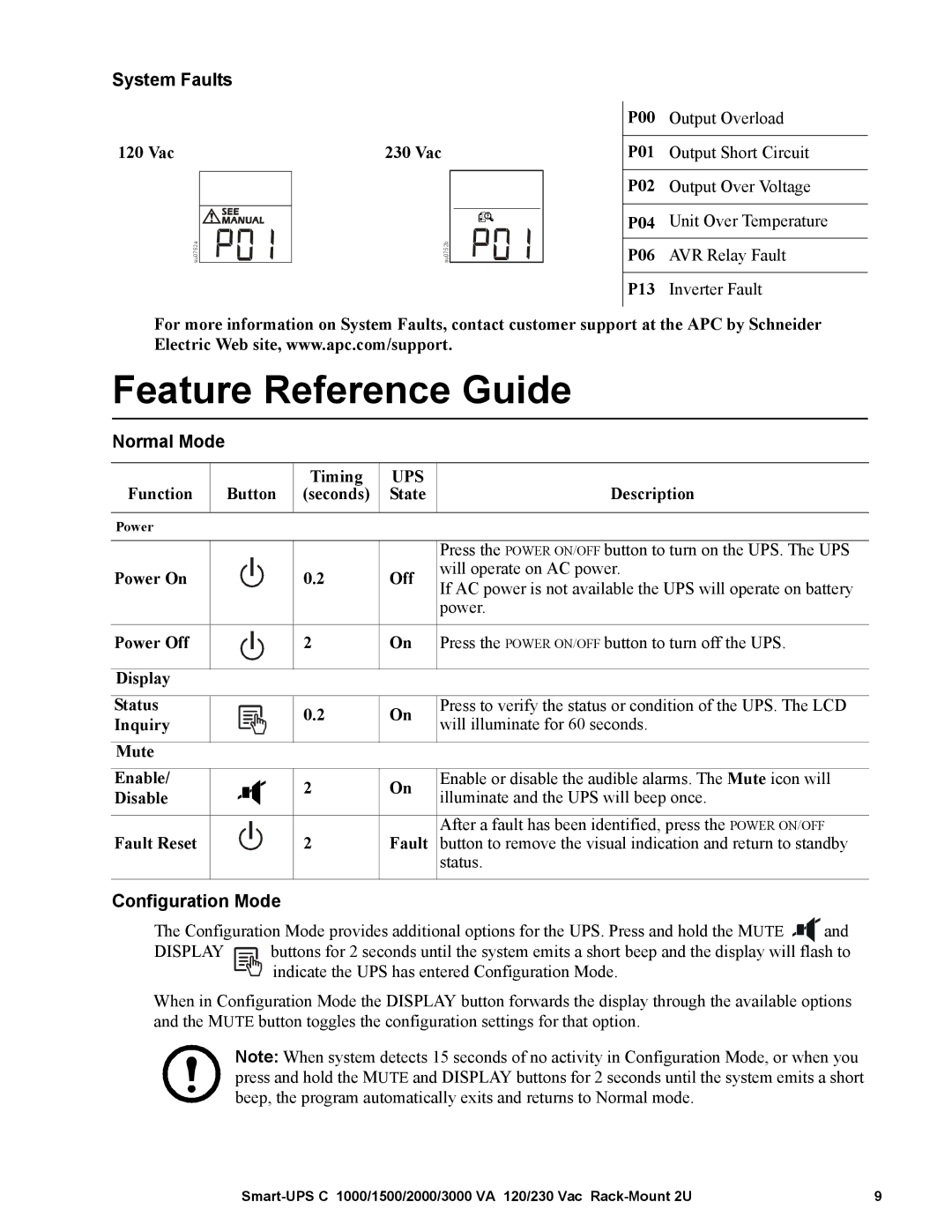 APC SMC15002U, SMC10002U operation manual Feature Reference Guide, System Faults, Normal Mode, Configuration Mode 