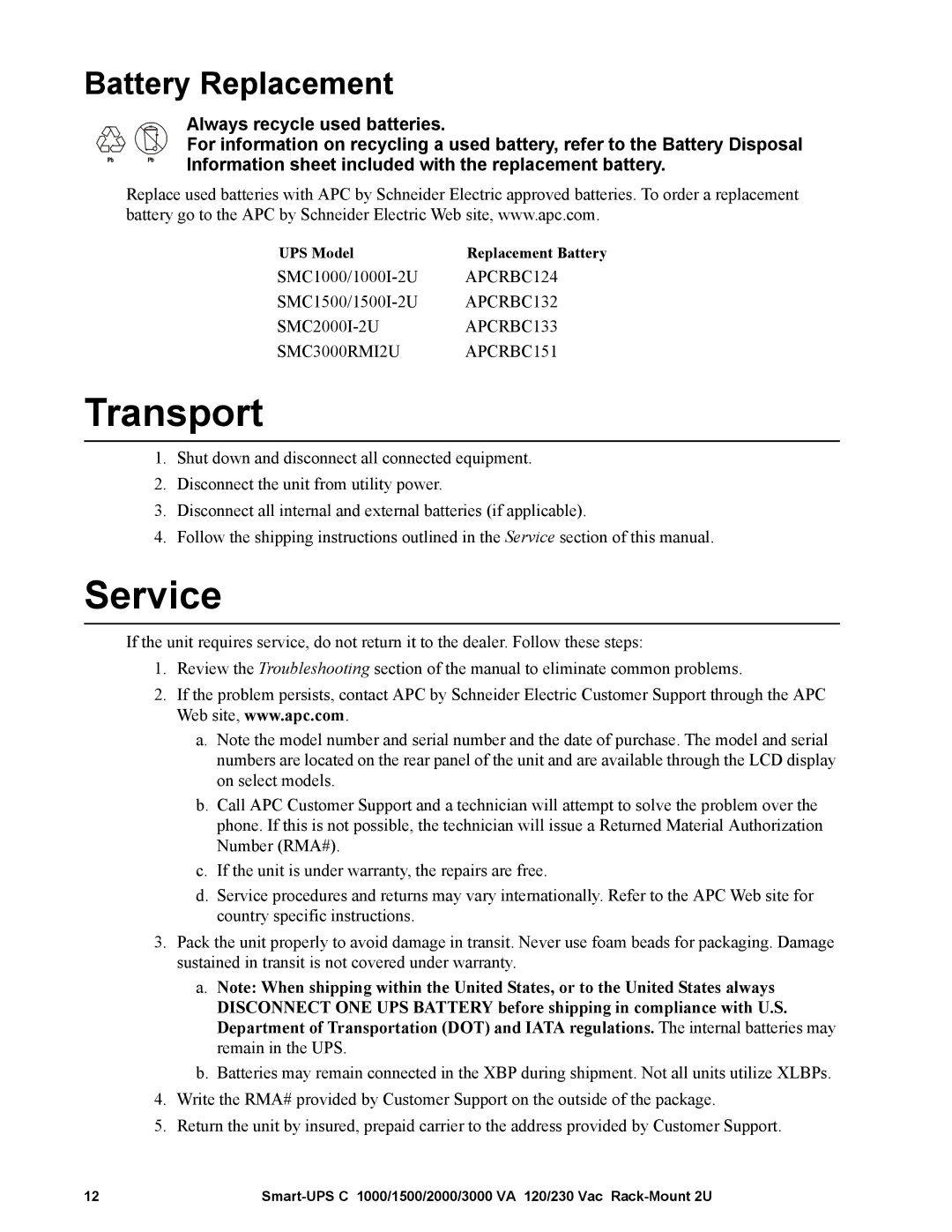 APC SMC10002U, SMC15002U operation manual Transport, Service, Battery Replacement 