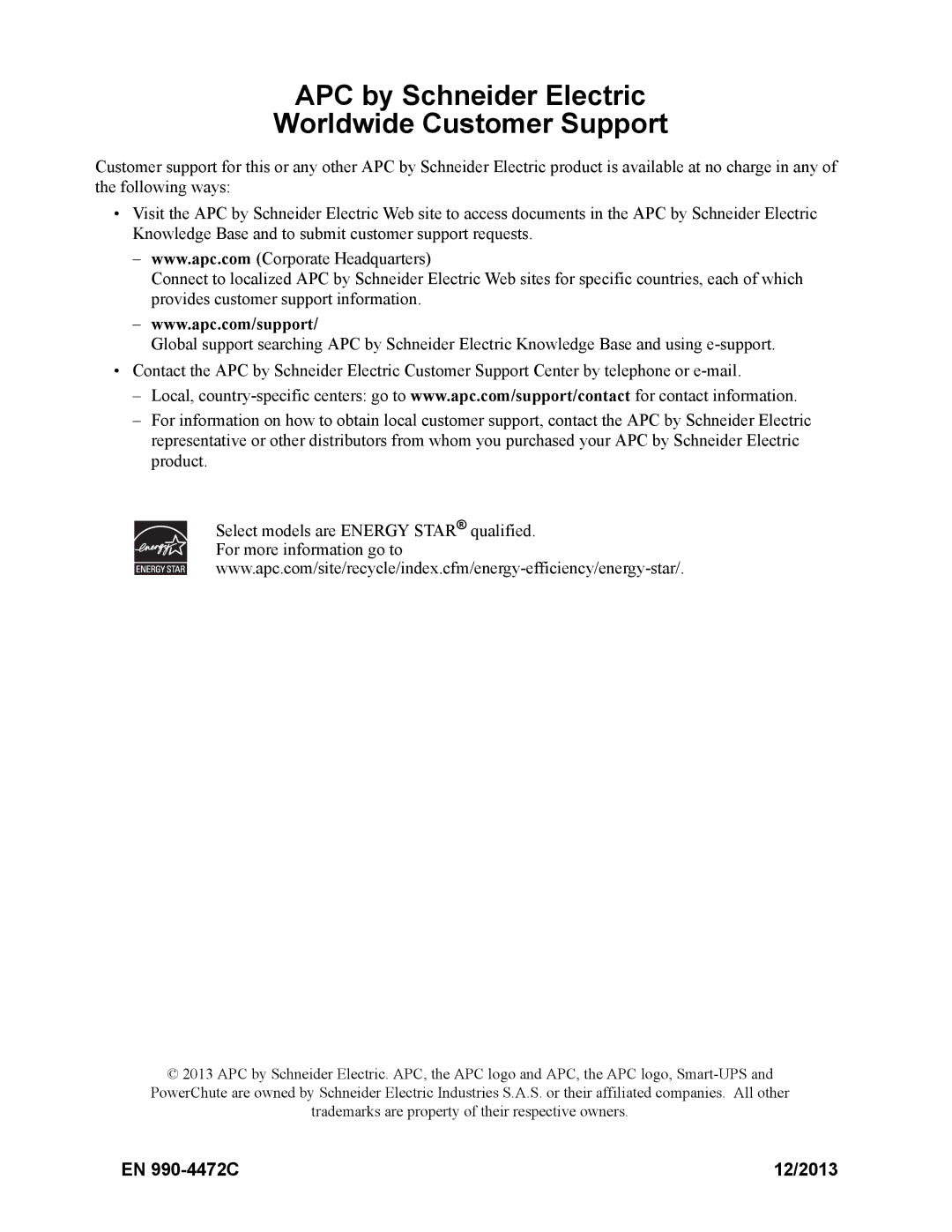 APC SMC10002U, SMC15002U operation manual APC by Schneider Electric Worldwide Customer Support, EN 990-4472C 12/2013 