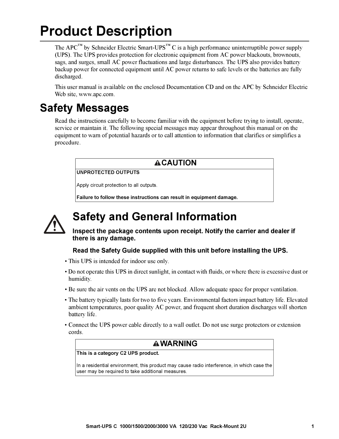 APC SMC15002U, SMC10002U operation manual Product Description, Safety Messages, Safety and General Information 