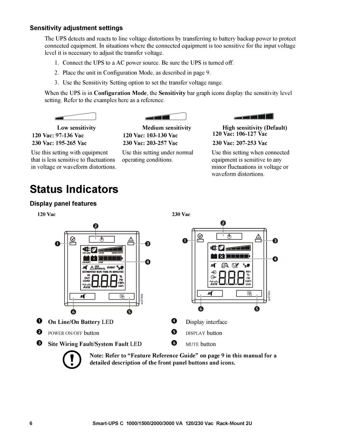 APC SMC10002U, SMC15002U operation manual Status Indicators, Sensitivity adjustment settings, Display panel features 