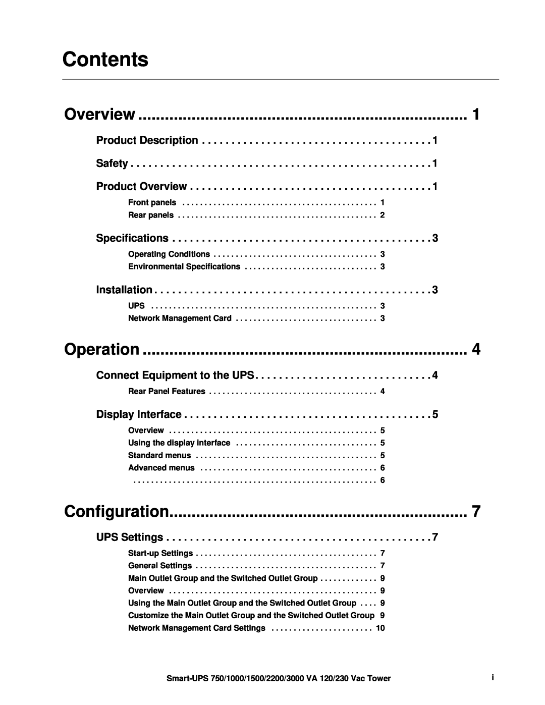 APC SMT1500, SUM1500RMXL2U operation manual Overview, Operation, Configuration, Contents 