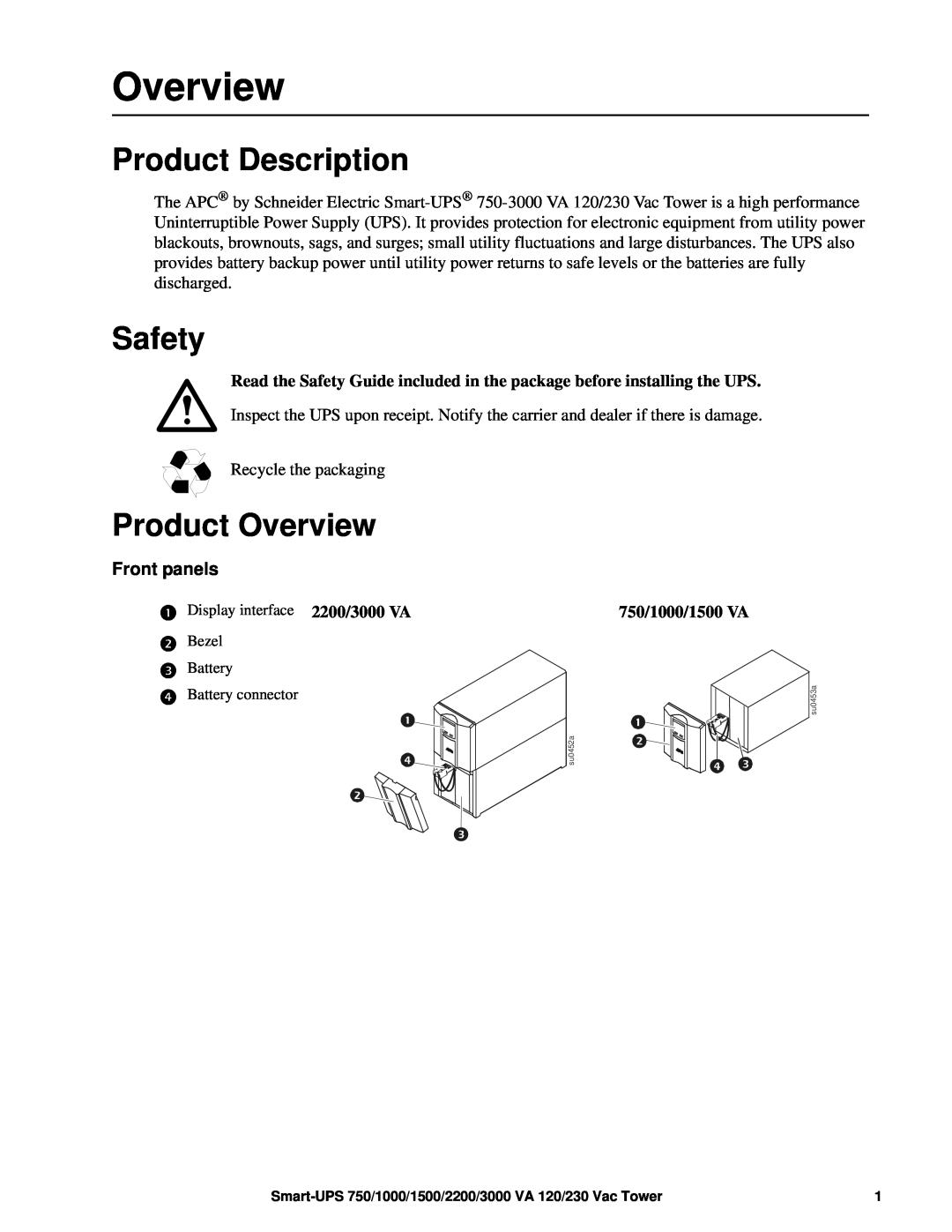 APC SMT1500, SUM1500RMXL2U operation manual Product Description, Safety, Product Overview 