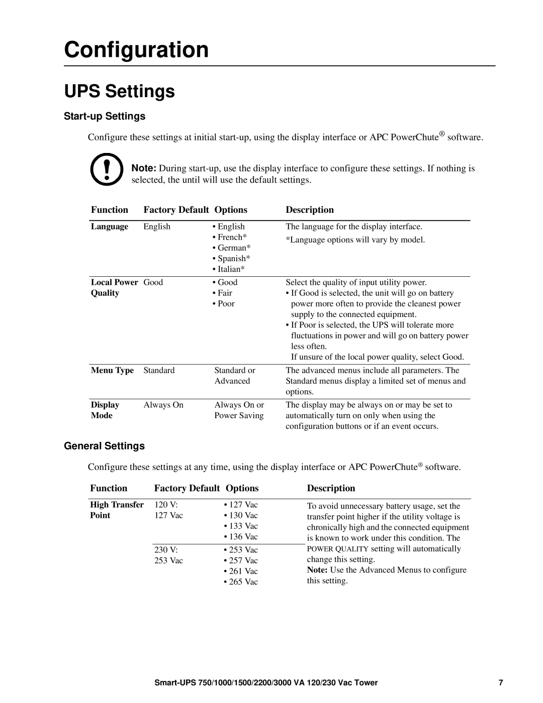 APC SMT1500, SUM1500RMXL2U operation manual Configuration, UPS Settings, Start-up Settings, General Settings 