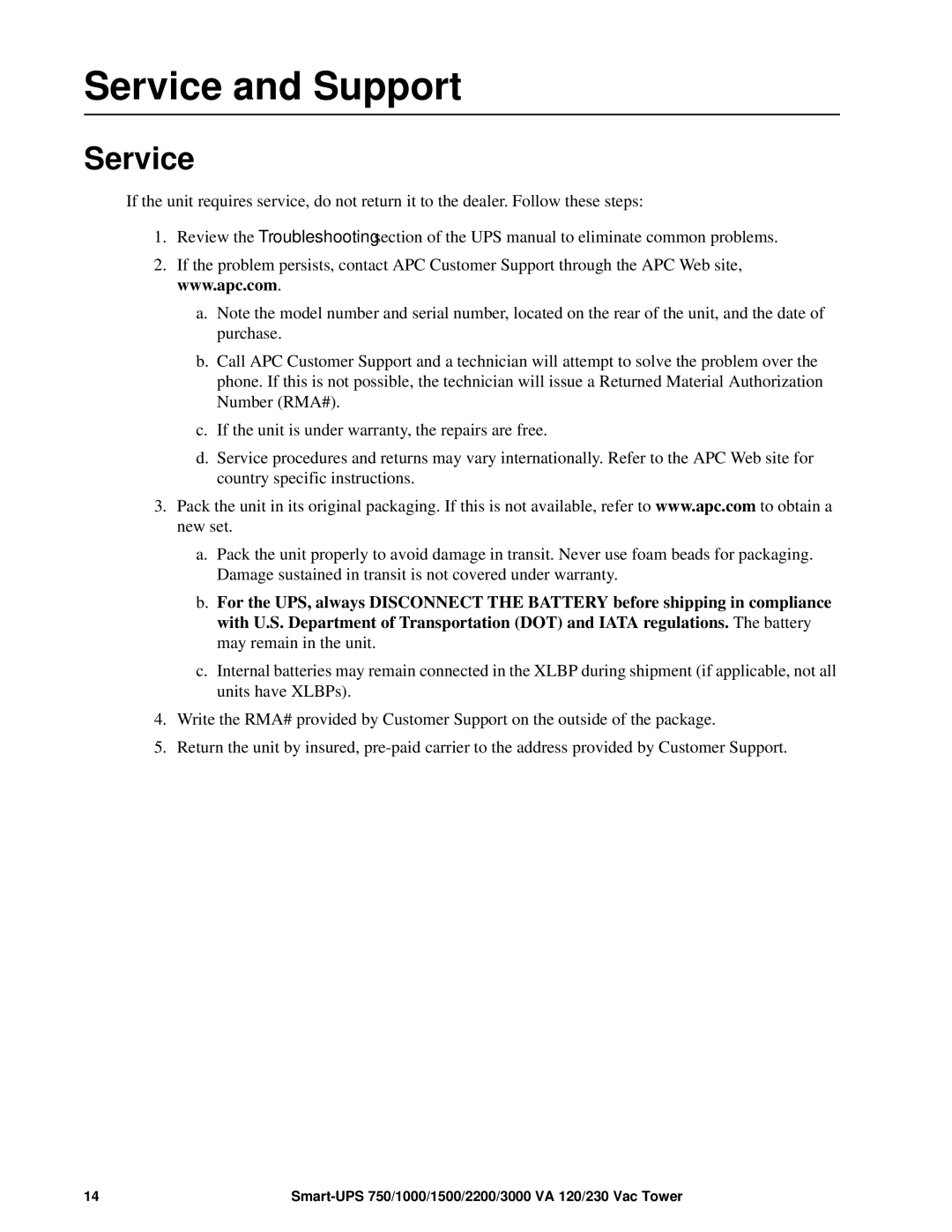 APC SUM1500RMXL2U, SMT1500 operation manual Service and Support 