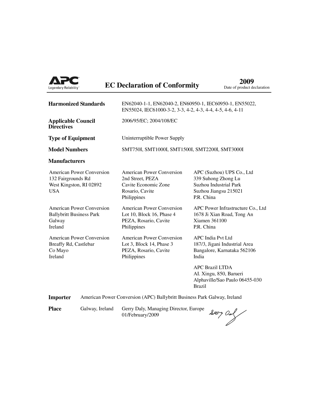 APC SMT1500 Harmonized Standards, Applicable Council, Directives Type of Equipment, Model Numbers, Manufacturers, Importer 