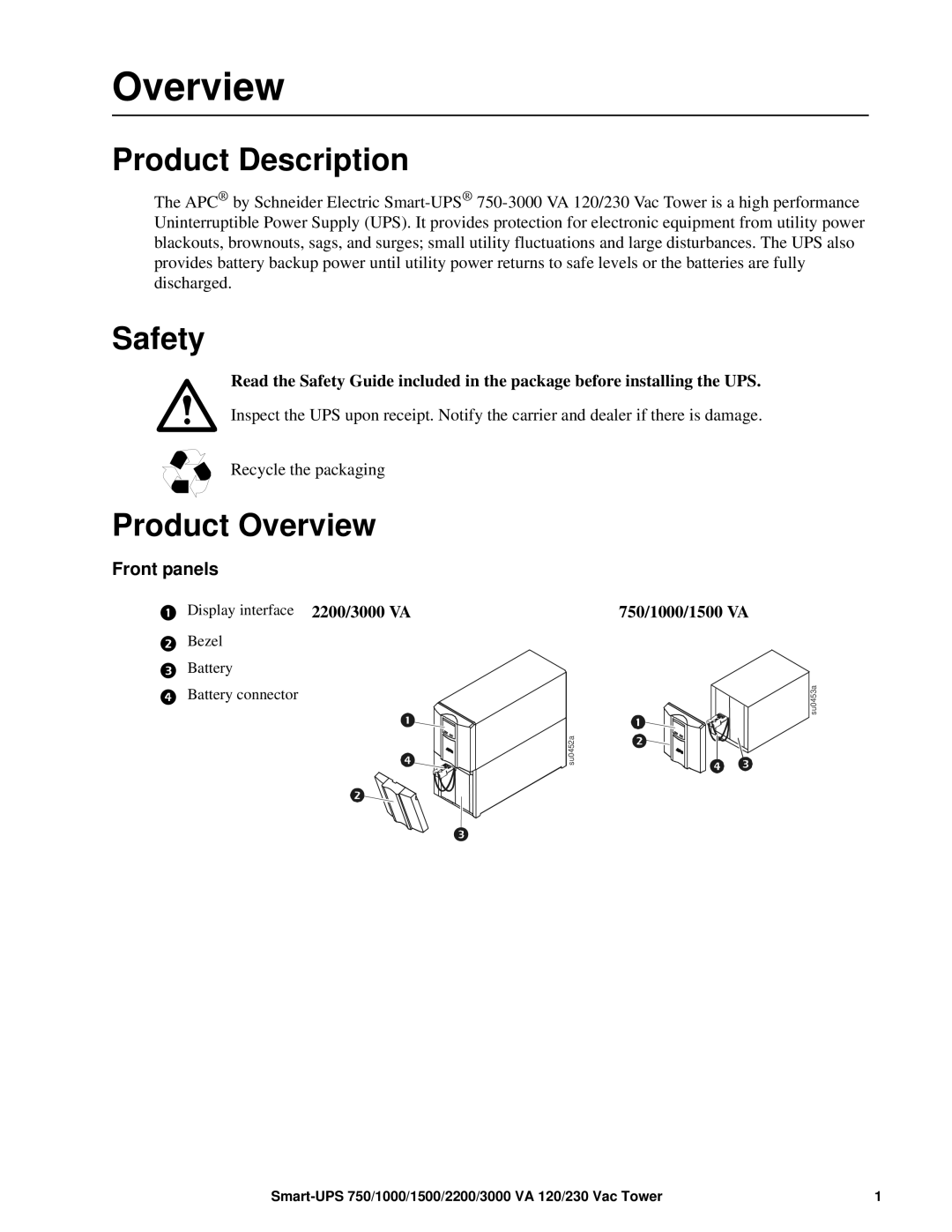 APC SMT1500, SUM1500RMXL2U operation manual Product Description, Safety, Product Overview, Front panels 