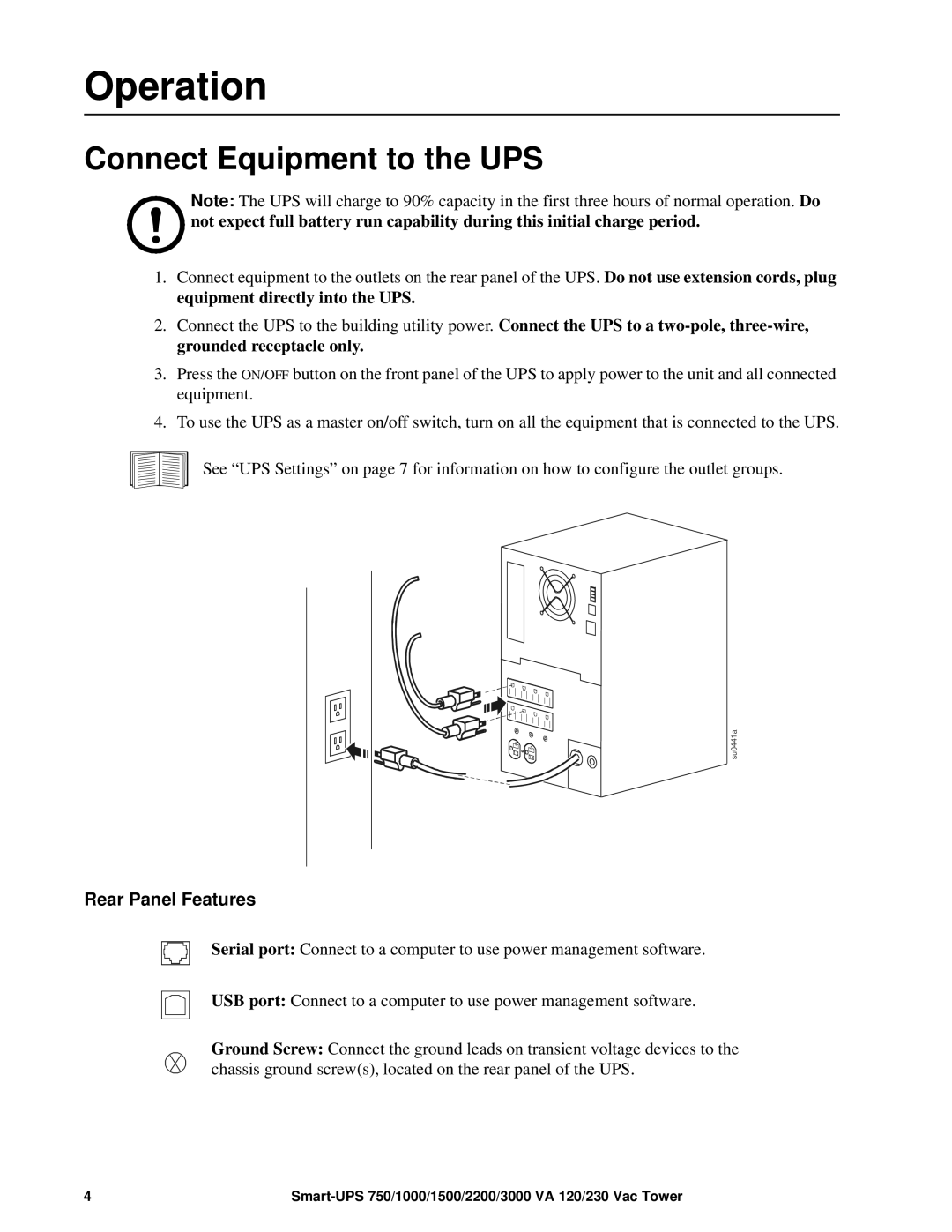 APC SUM1500RMXL2U, SMT1500 operation manual Operation, Connect Equipment to the UPS, Rear Panel Features 