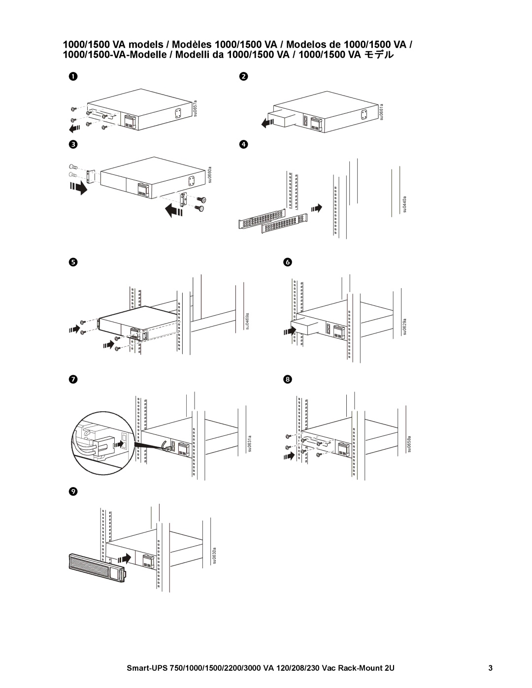 APC 1500 VA, SMT2200RM2U, SMT750RM2U, SMT1500RM2U, SMT1000RM2U, 750 VA, 230 Vac, 3000 VA, 120 Vac, 2200 VA, 1000 VA, 100 VAC manual 