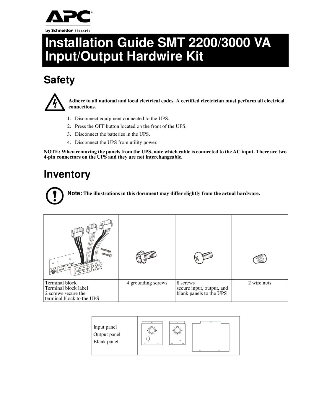 APC SMT 3000I, SMT3000RMI2U, SMT 3000 VA, 120VAC, 230 Vac, SMT 2200 VA, 100 VAC manual Safety, Inventory 