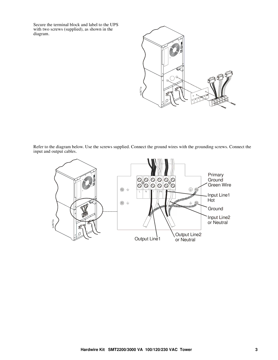 APC SMT 3000 VA Primary, Ground, Green Wire, Input Line1, Hot, Input Line2 or Neutral Output Line1 Output Line2 Or Neutral 