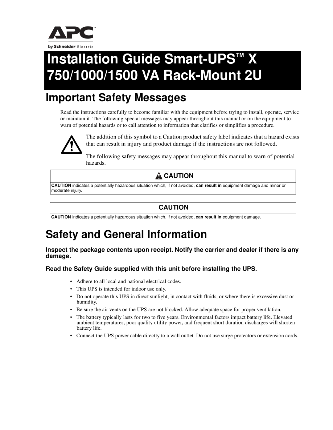 APC SMX750I, SMX1500RM2UNC, SMX1000 manual Important Safety Messages, Safety and General Information 