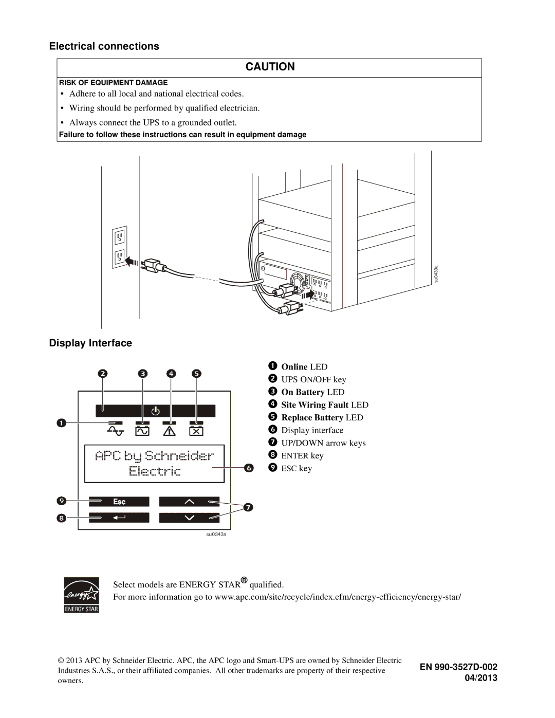 APC SMX750I, SMX1500RM2UNC, SMX1000 manual Electrical connections, Display Interface 