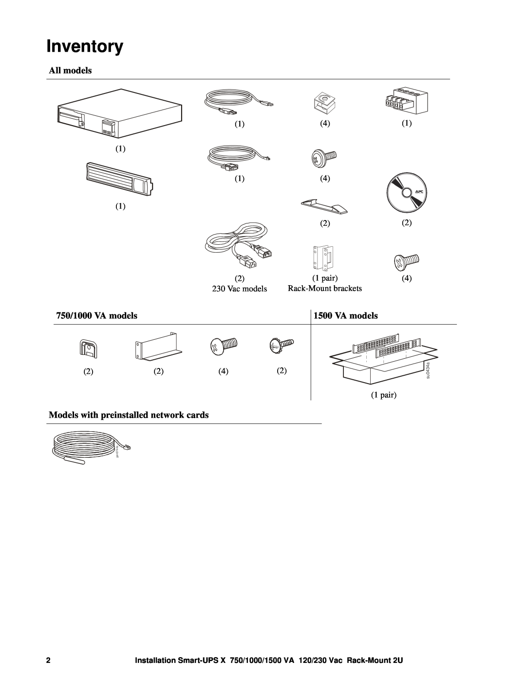 APC SMX750I manual Inventory, All models, 750/1000 VA models, Models with preinstalled network cards, su0434a, gen0744a 