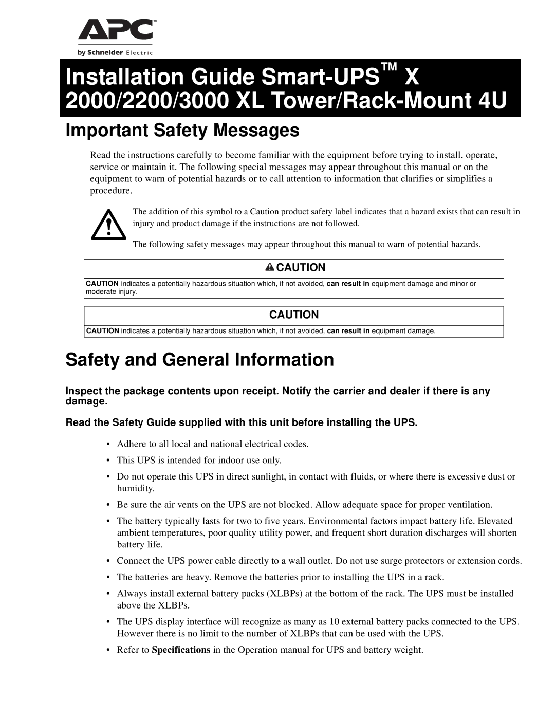 APC SMX3000LV, SMX2000LV, 3000 XL, 2200 XL, 2000 XL specifications Important Safety Messages, Safety and General Information 