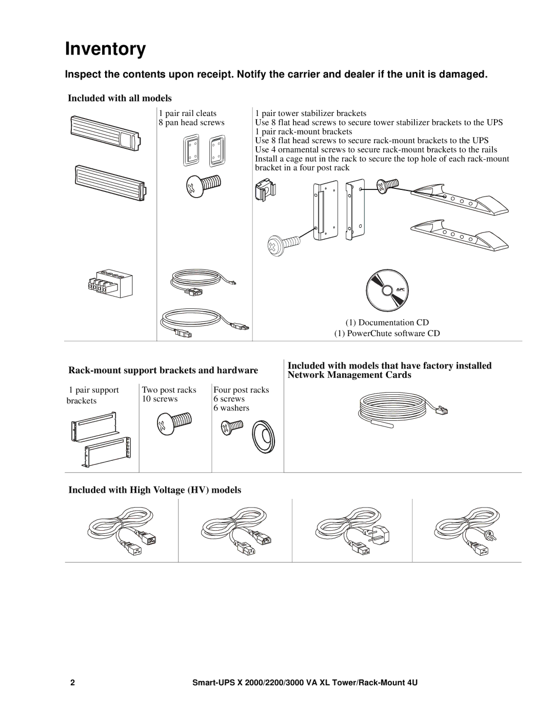 APC 3000 XL, SMX2000LV, SMX3000LV, 2200 XL, 2000 XL specifications Inventory, Included with all models 