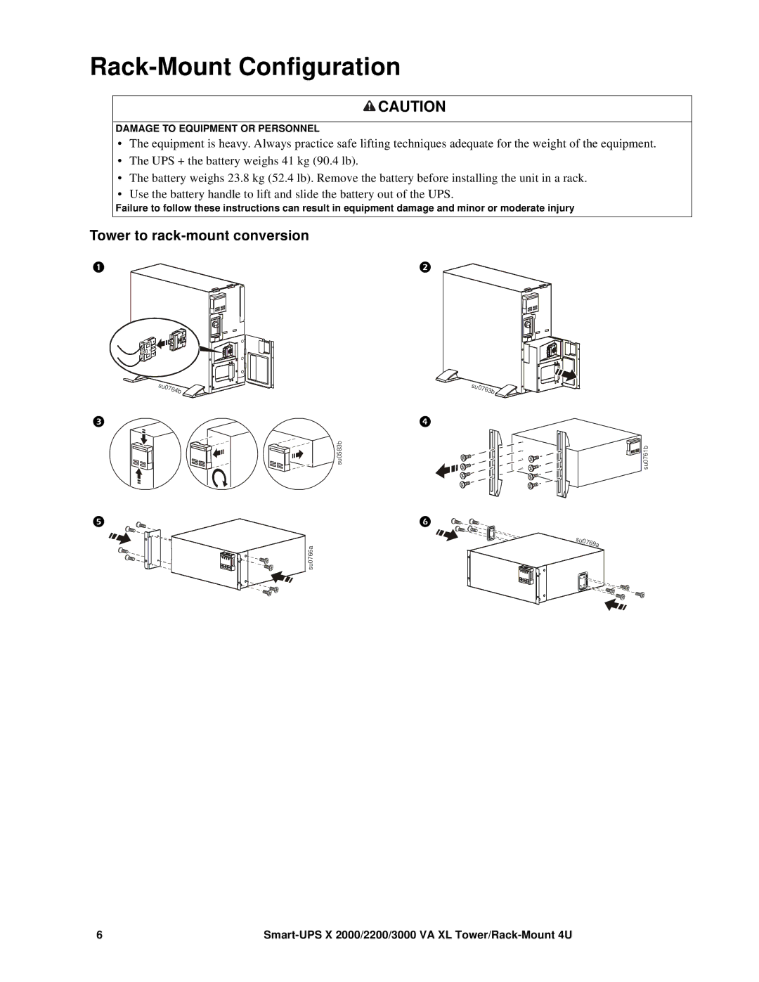 APC SMX3000LV, SMX2000LV, 3000 XL, 2200 XL, 2000 XL specifications Rack-Mount Configuration, Tower to rack-mount conversion 