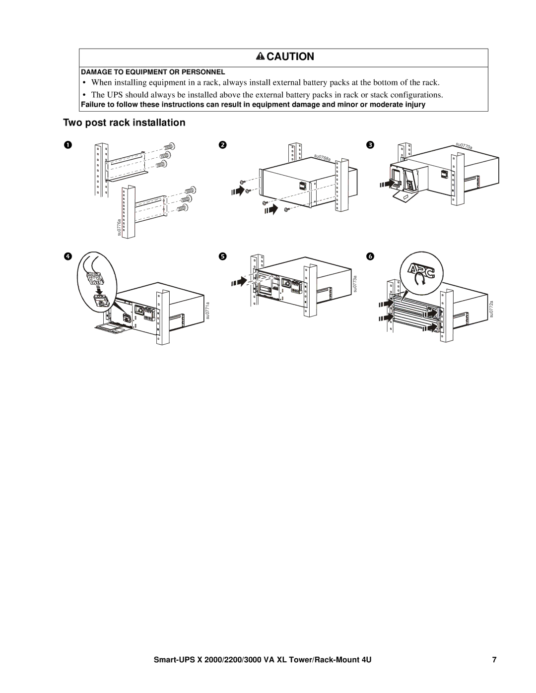APC 3000 XL, SMX2000LV, SMX3000LV, 2200 XL, 2000 XL specifications Two post rack installation 